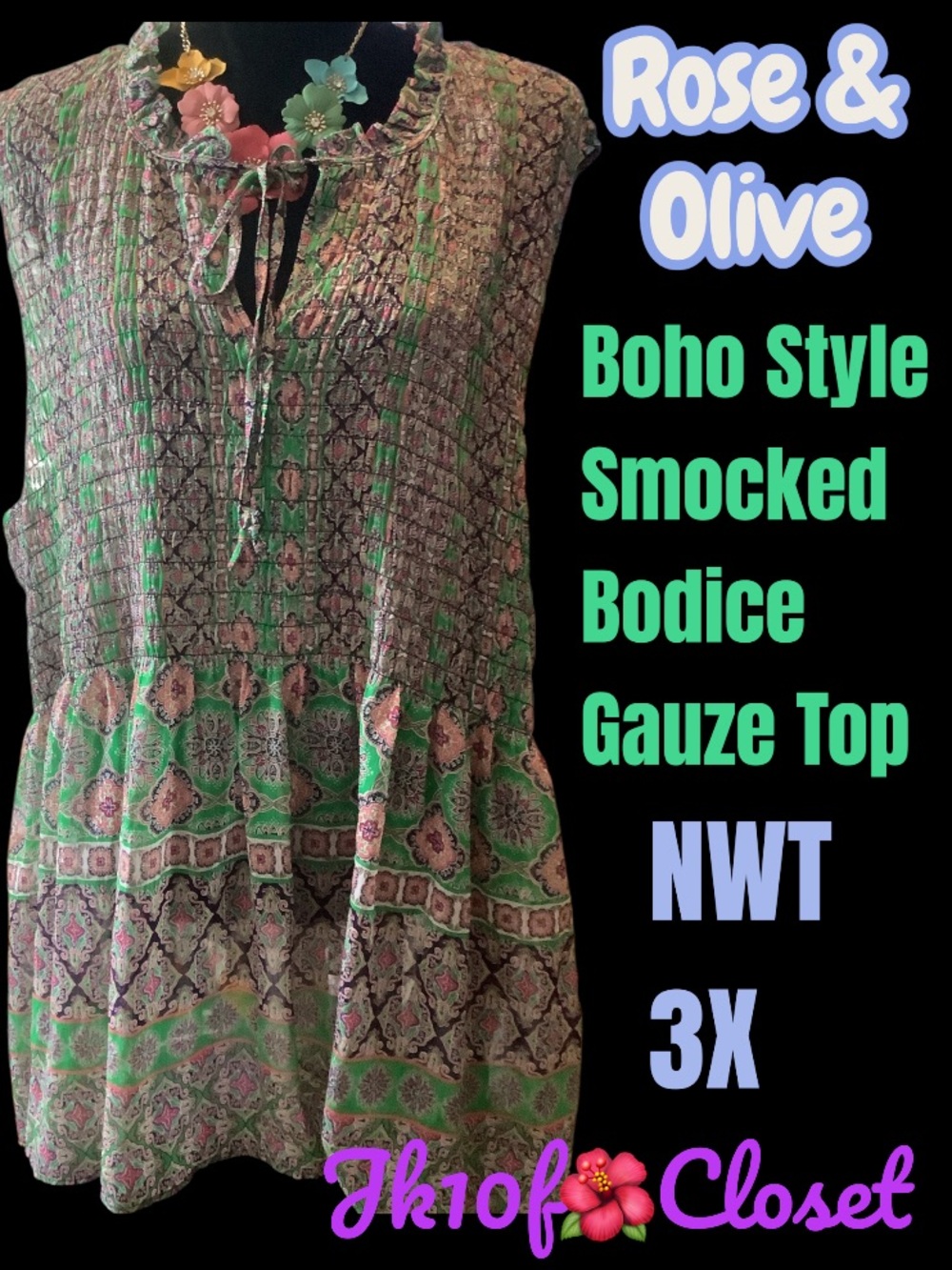 LOWEST 🌺 Rose & Olive 3X BOHO PEASANT SMOCKED BODICE GAUZE TOP - Picture 12 of 13